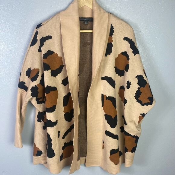 Joan Vass Leopard Print Open Knit Cardigan Size M - Picture 1 of 8